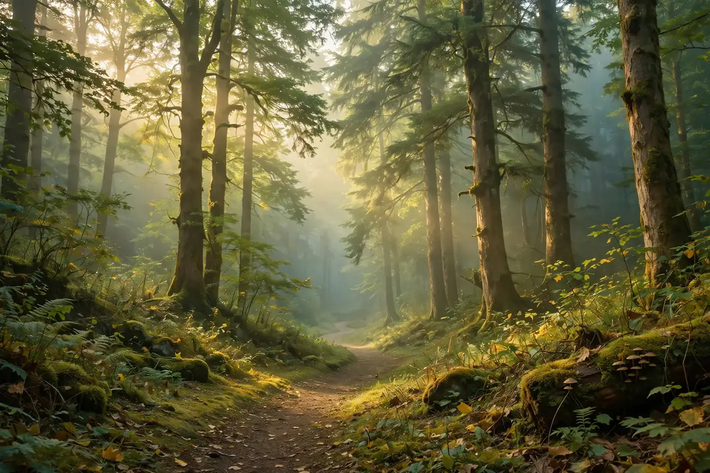 A quiet forest path in soft morning light